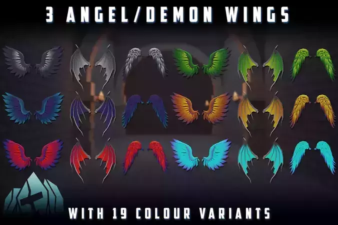 Three Angel Demon Fantasy Wings with 19 Colours Low-poly 3D model