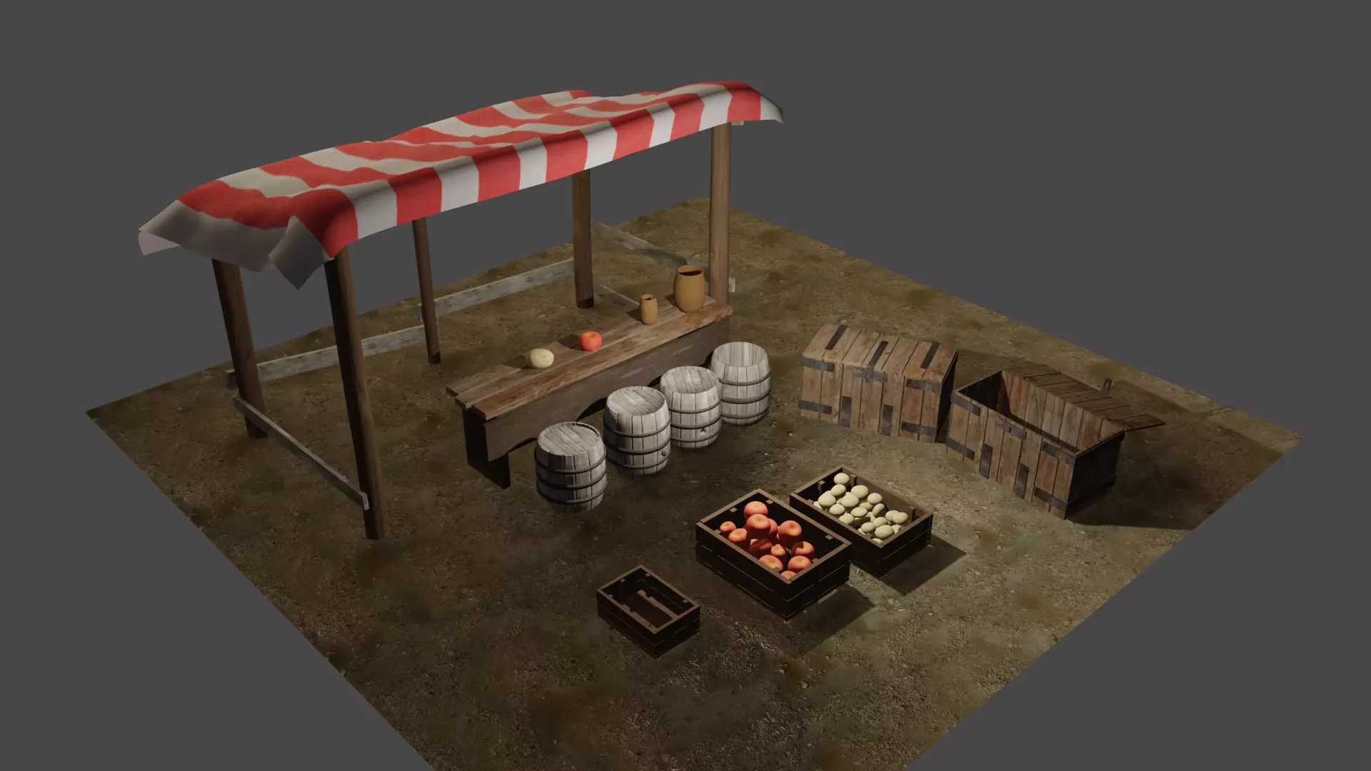 Medieval marketplace Low-poly 3D model_0