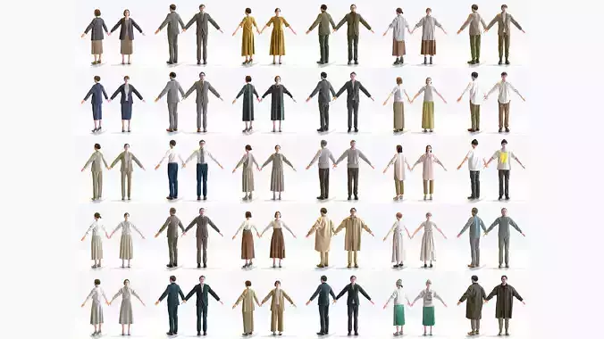30x A-pose Asian People Bundle 3D Model Collection