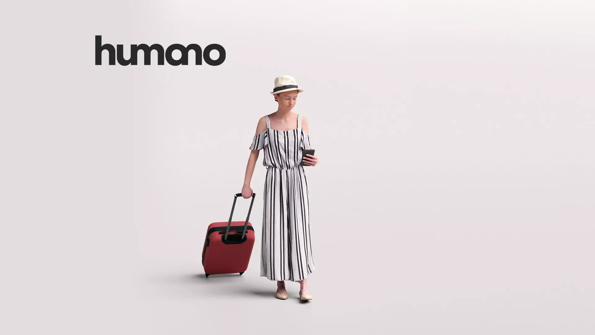 Humano Traveling Woman with hat suitcase and phone 2206-4 3D model_0