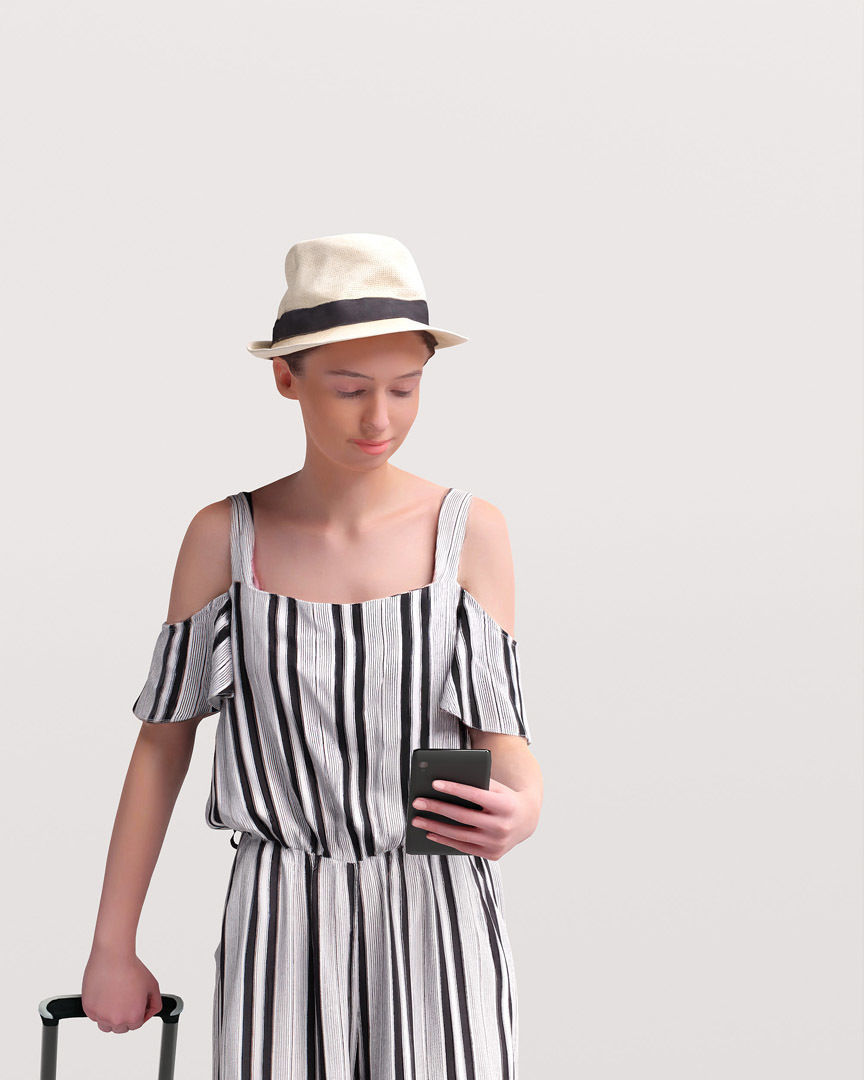 Humano Traveling Woman with hat suitcase and phone 2206-4 3D model_6