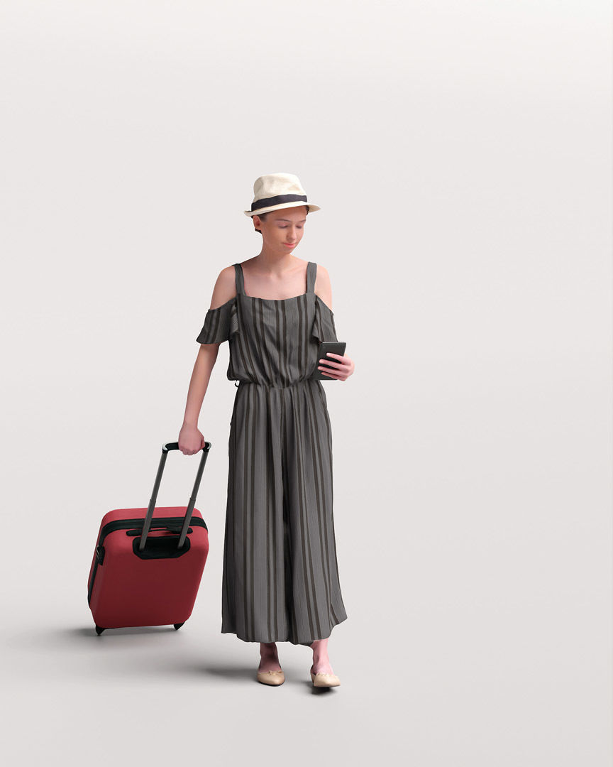 Humano Traveling Woman with hat suitcase and phone 2206-4 3D model_9