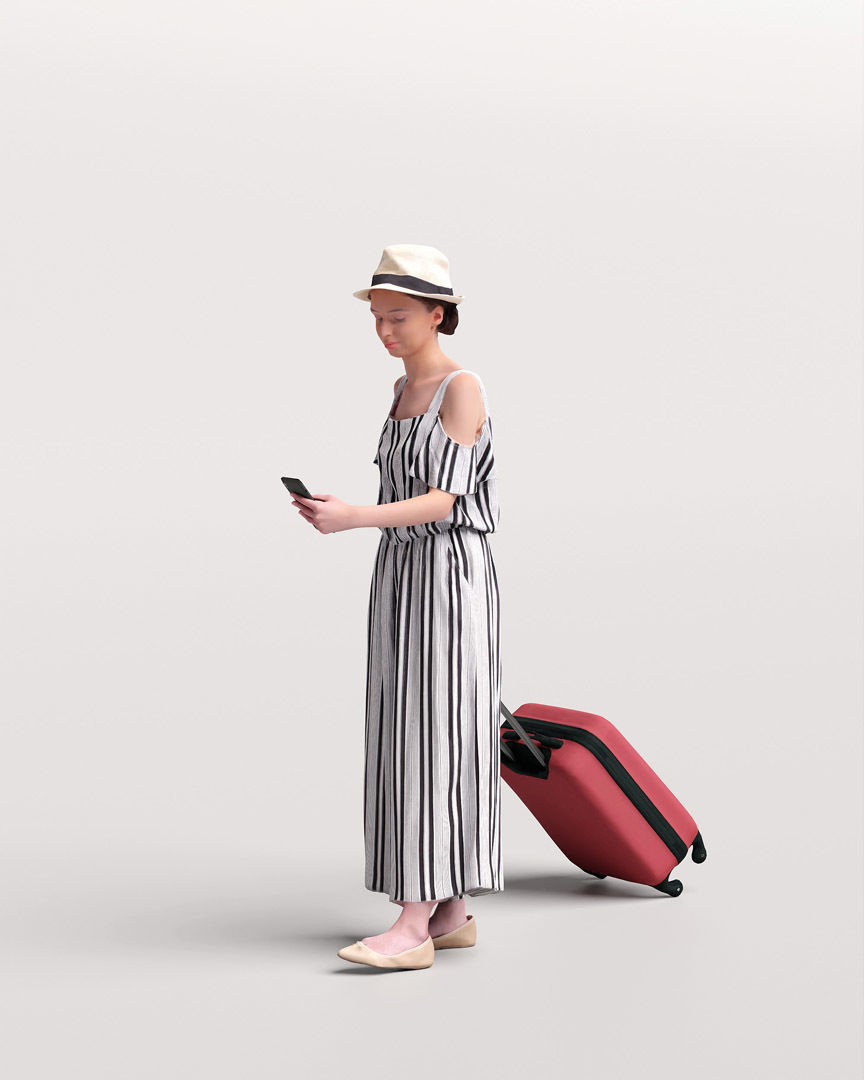Humano Traveling Woman with hat suitcase and phone 2206-4 3D model_5