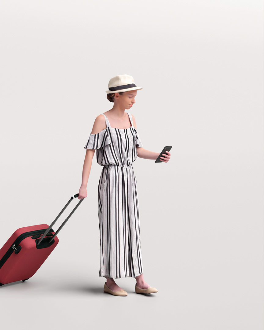 Humano Traveling Woman with hat suitcase and phone 2206-4 3D model_2