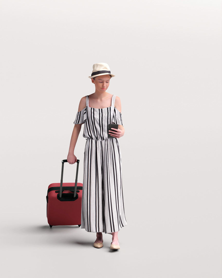 Humano Traveling Woman with hat suitcase and phone 2206-4 3D model_3