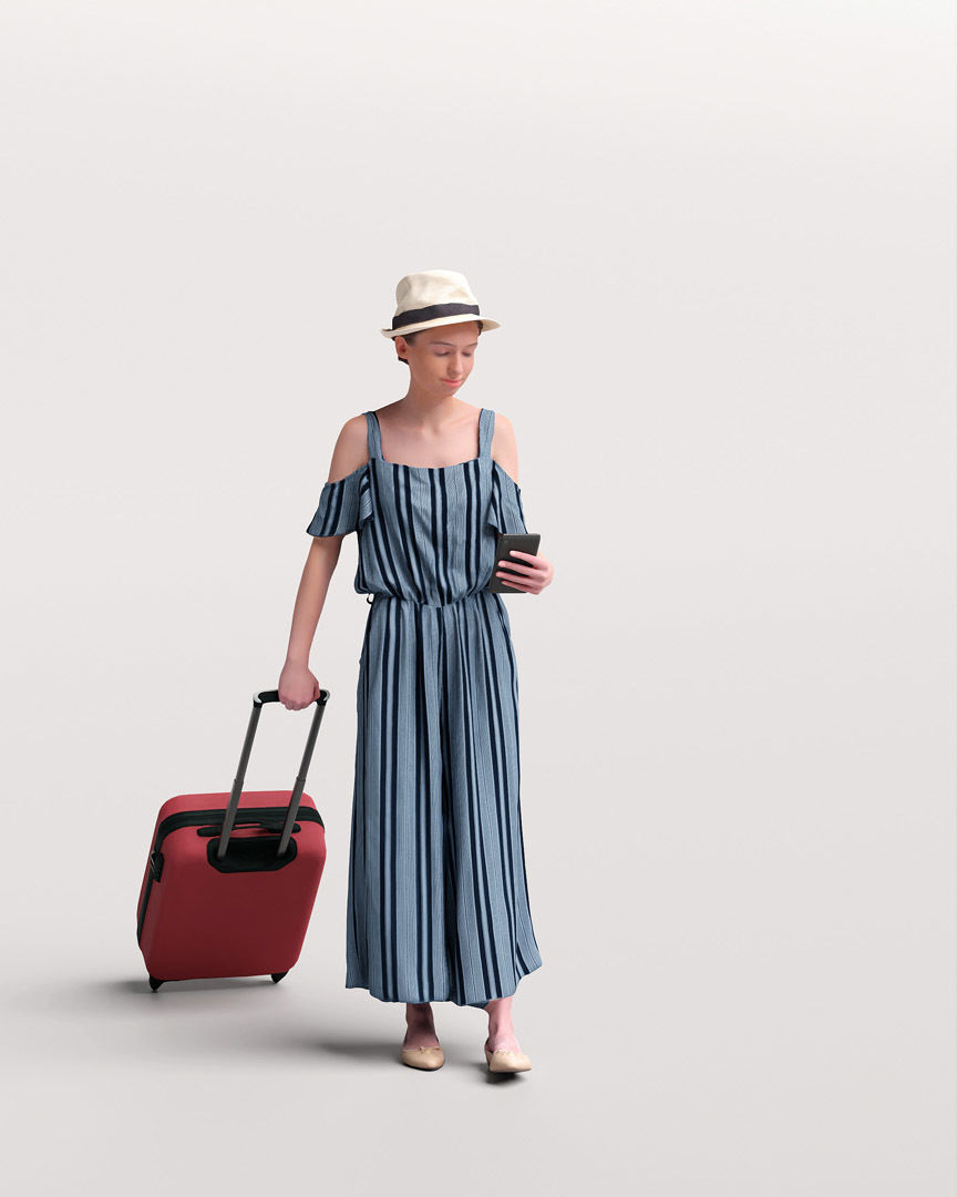 Humano Traveling Woman with hat suitcase and phone 2206-4 3D model_11