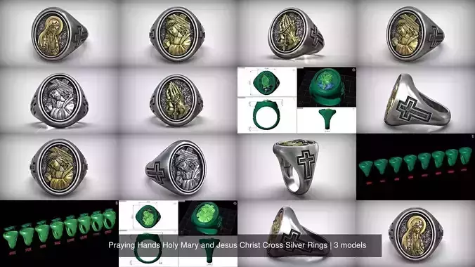 Praying Hands Holy Mary and Jesus Christ Cross Silver Rings