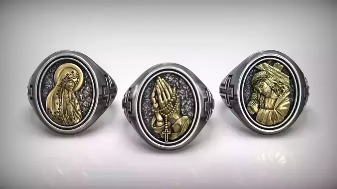 Praying Hands Holy Mary and Jesus Christ Cross Silver Rings 3D Model Collection