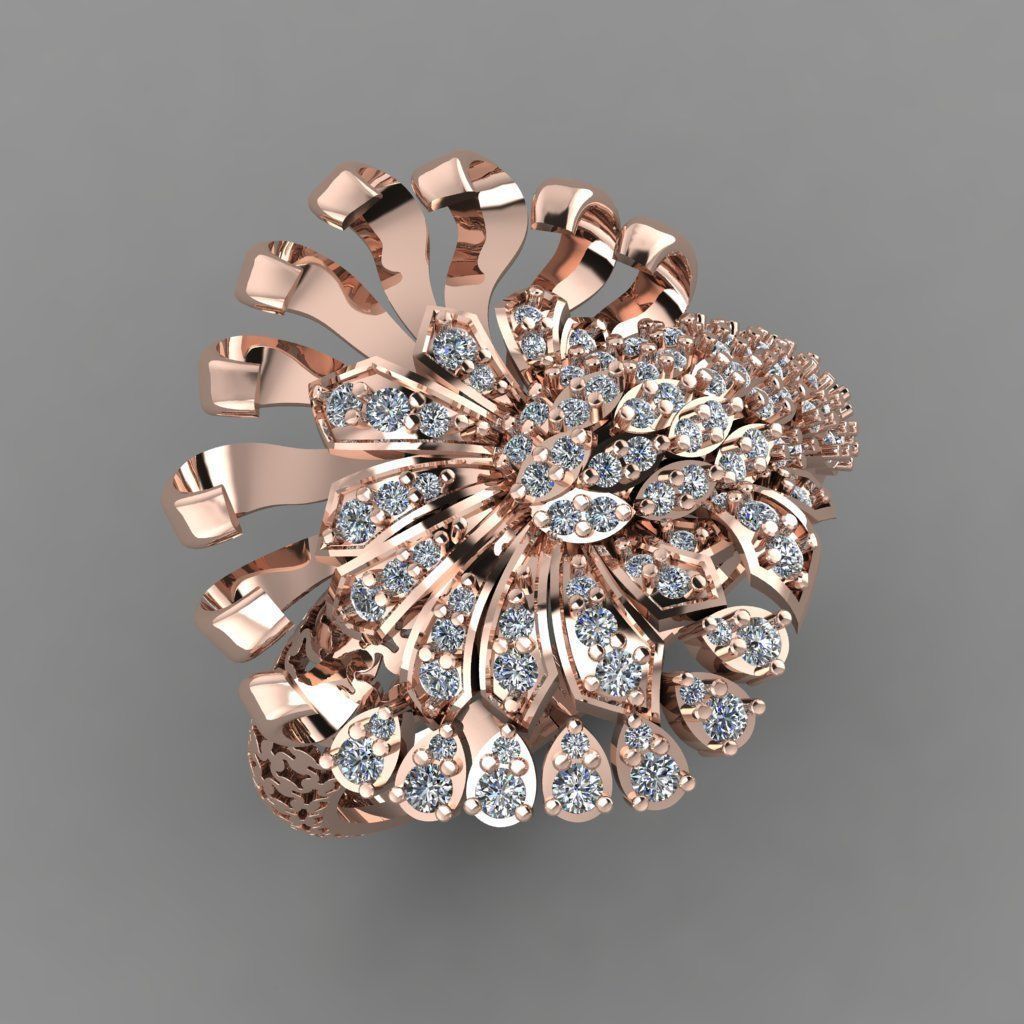 Daimond RIng With Plain Leaves Like Octopus 3D ring model 3D print model_7