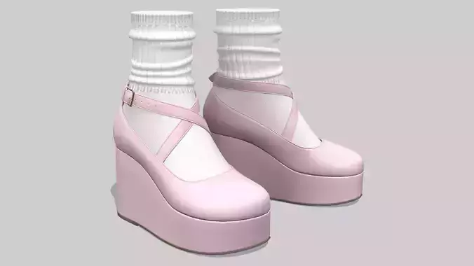 Pink Baby Doll Wedge Platform Shoes With White Socks