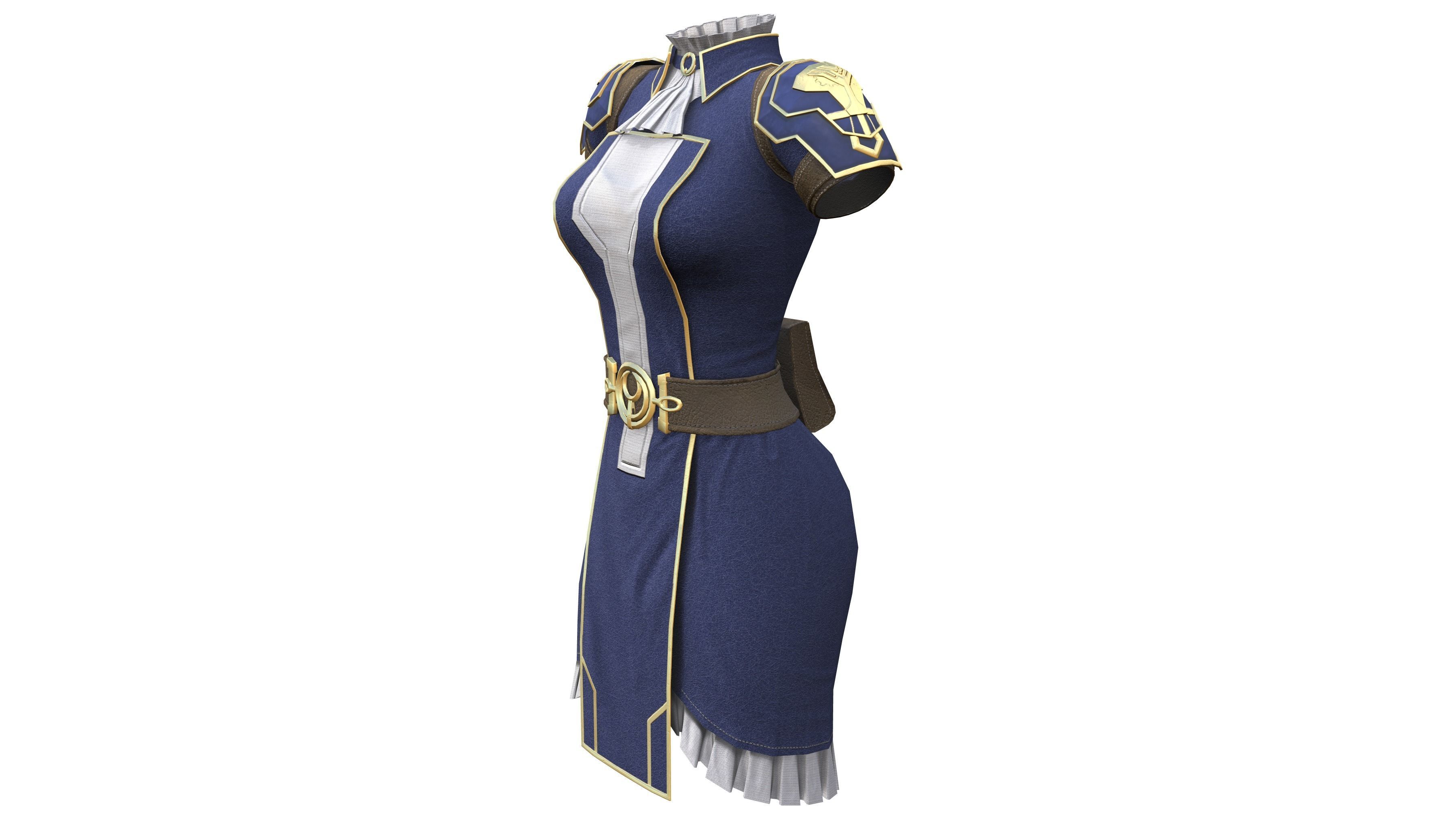 Female Blue Cosplay Steampunk Dress Low-poly 3D model_2