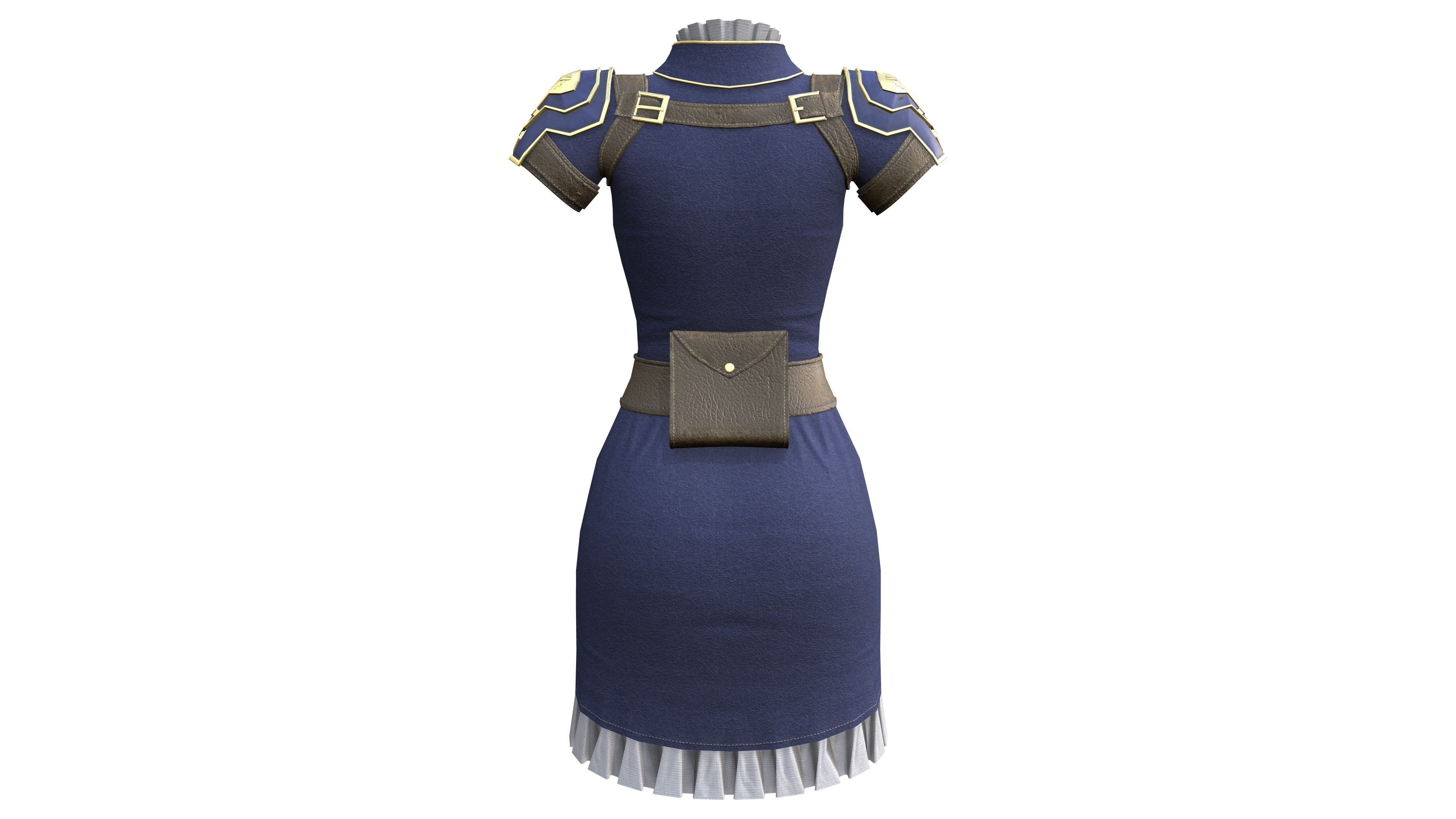 Female Blue Cosplay Steampunk Dress Low-poly 3D model_4