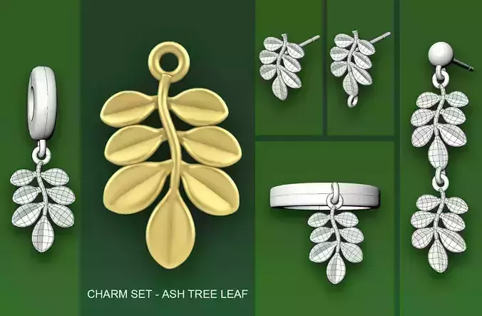 Leaf Charm Set - Ash Tree Leaf Charm for Ring Earrings Bracelet 3D print model