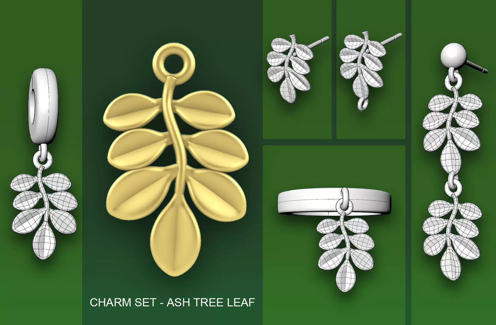 Leaf Charm Set - Ash Tree Leaf Charm for Ring Earrings Bracelet 3D print model_0