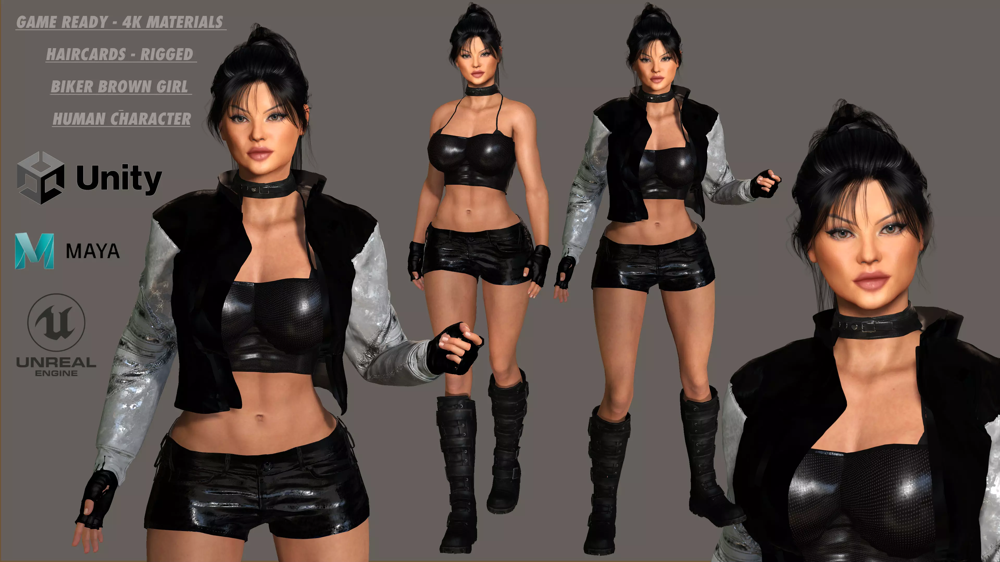 3D REALISTIC HUMAN RIGGED CHARACTER - BIKER GIRL CURVY BODY Low-poly 3D model