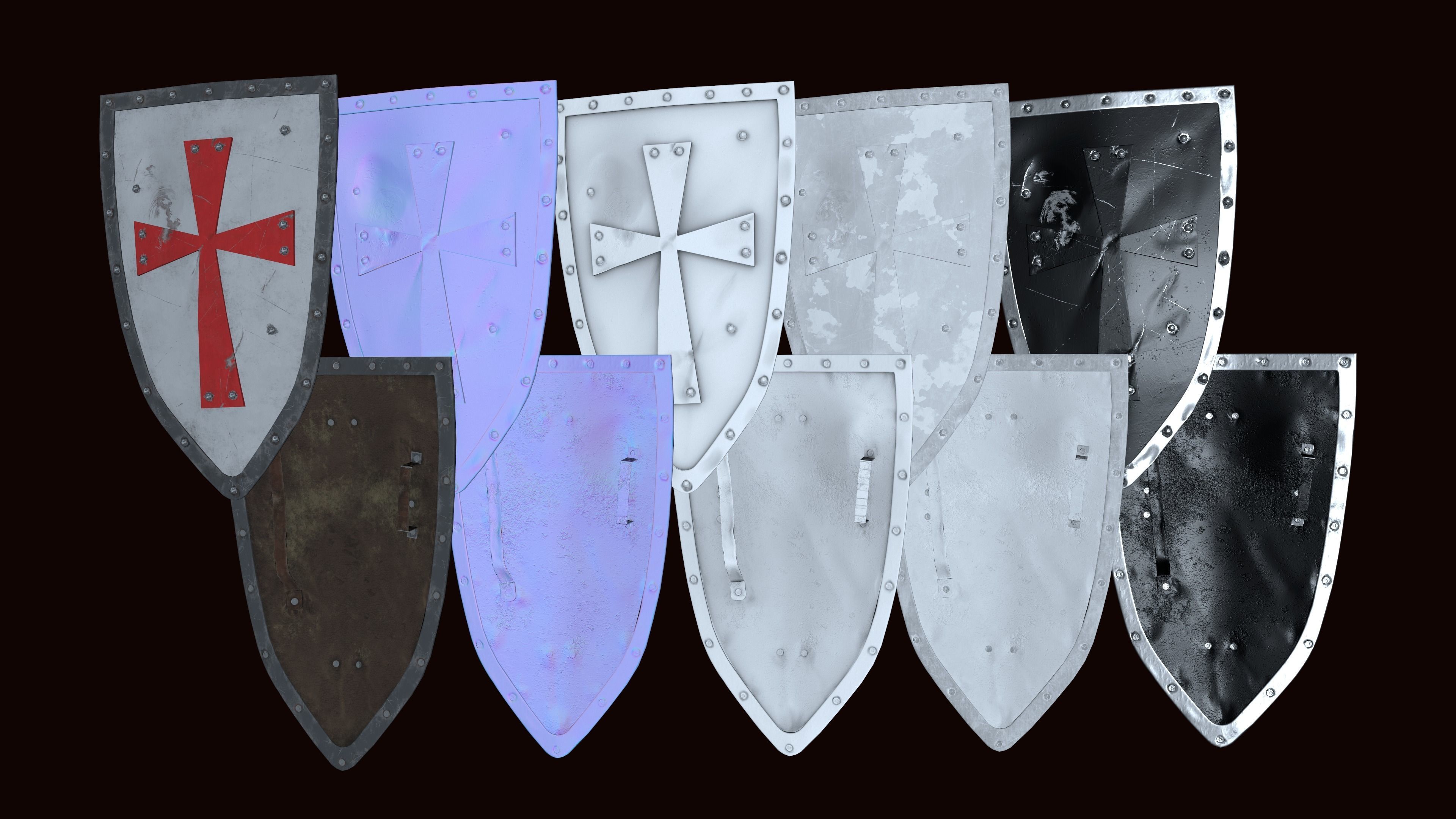 Medieval templar knight shield Game ready Low-poly 3D model_5