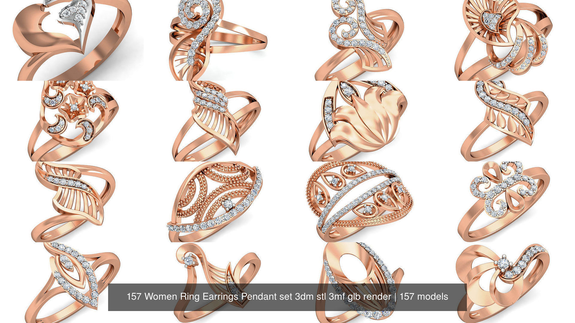 157 Women Ring Earrings Pendant set 3dm stl 3mf glb render 3D Model Collection_14