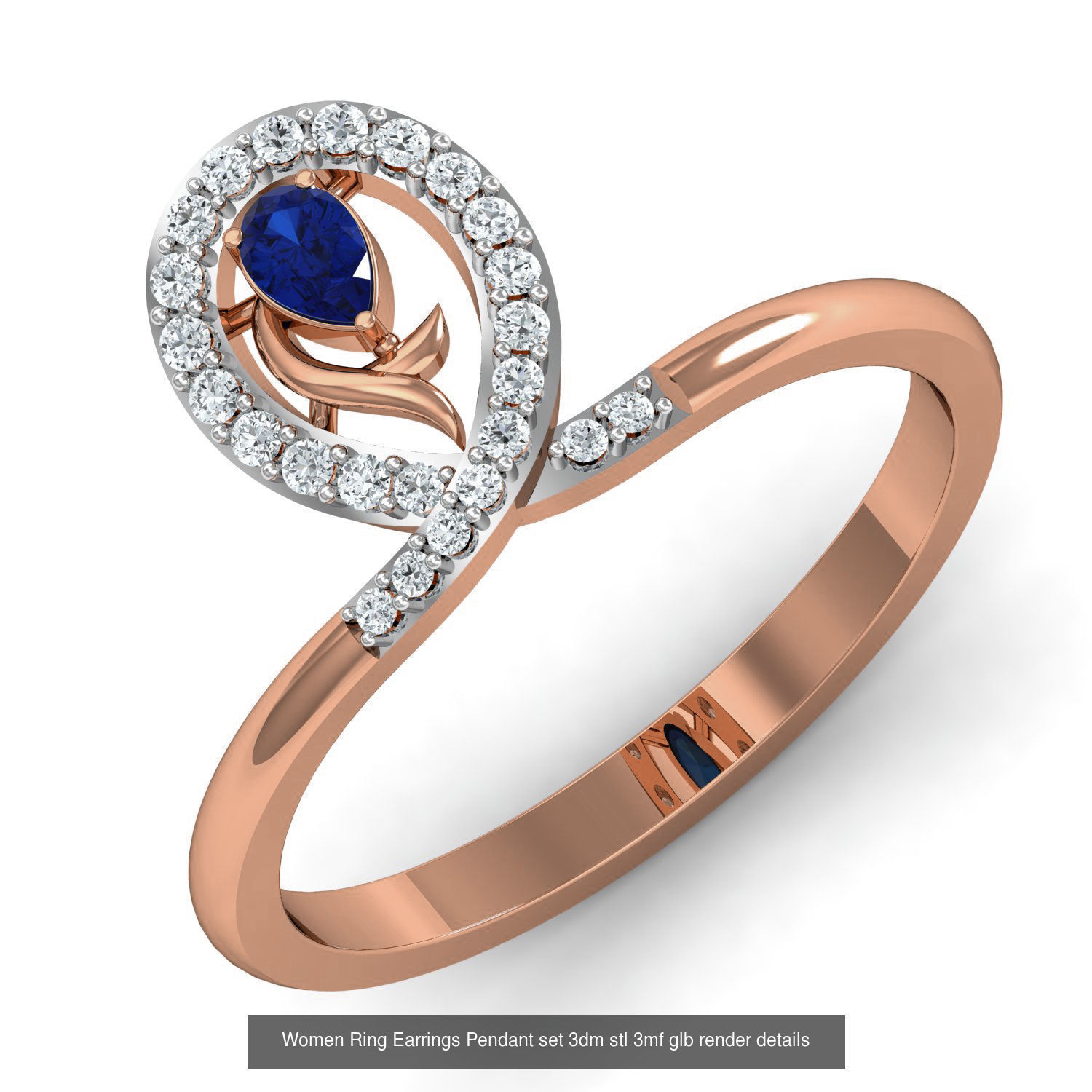 157 Women Ring Earrings Pendant set 3dm stl 3mf glb render 3D Model Collection_48