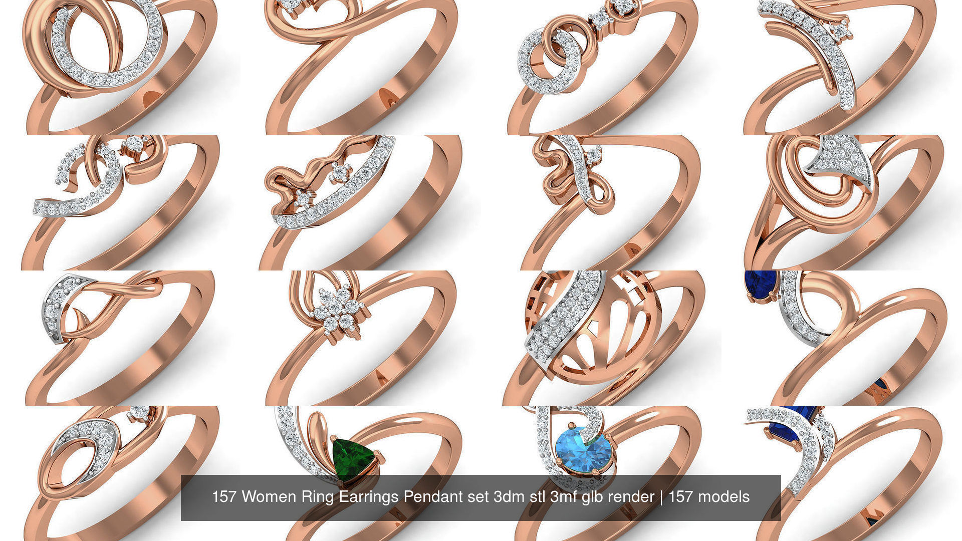 157 Women Ring Earrings Pendant set 3dm stl 3mf glb render 3D Model Collection_4
