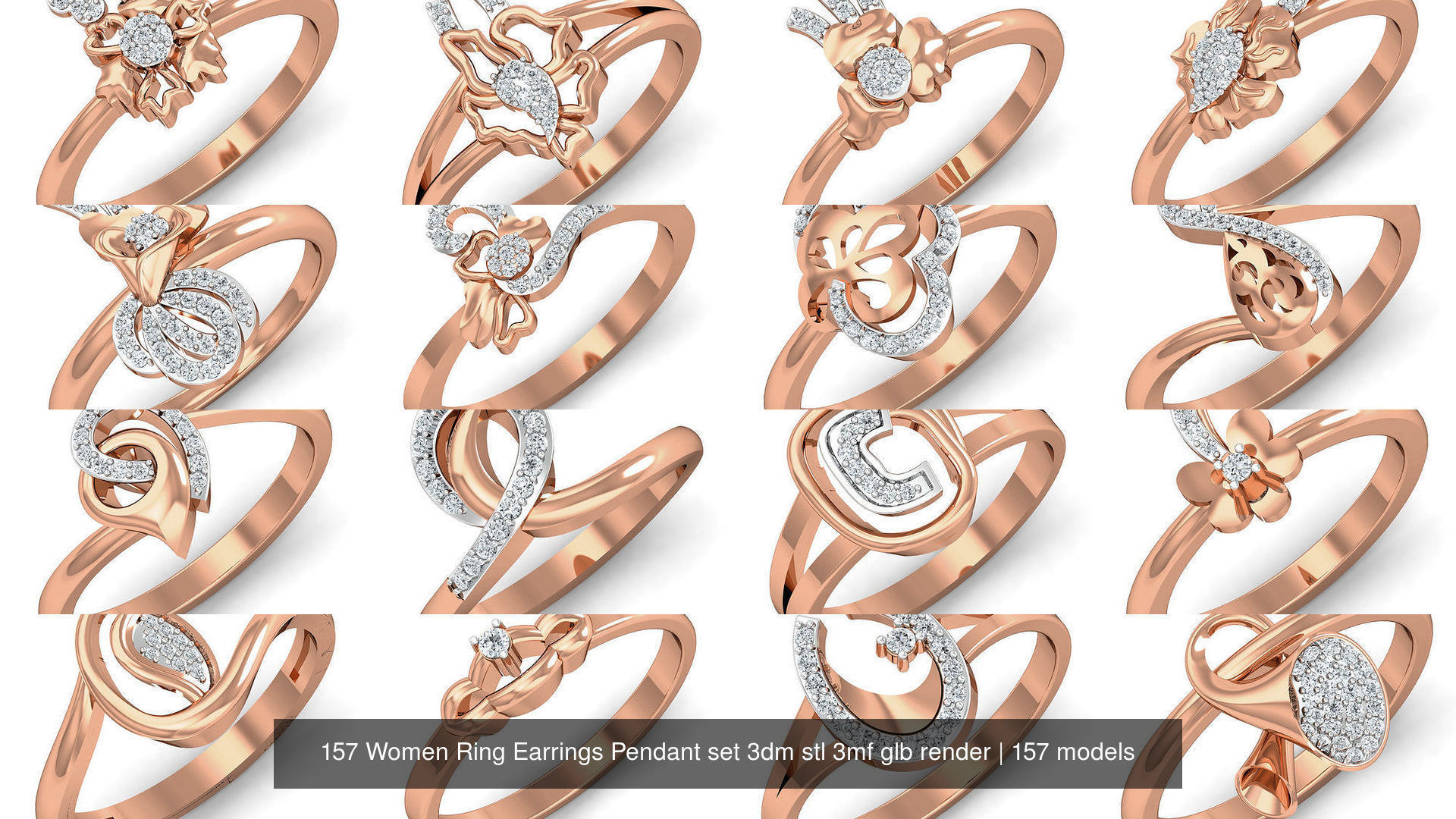 157 Women Ring Earrings Pendant set 3dm stl 3mf glb render 3D Model Collection_10