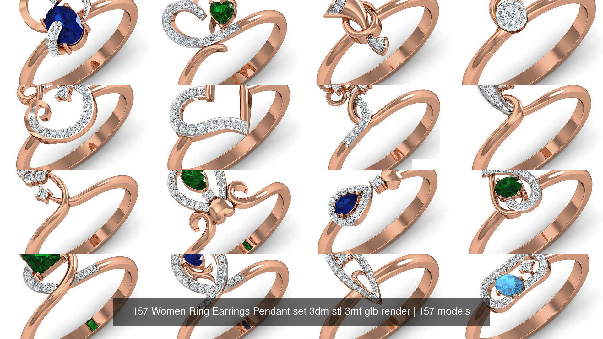 157 Women Ring Earrings Pendant set 3dm stl 3mf glb render 3D Model Collection_2