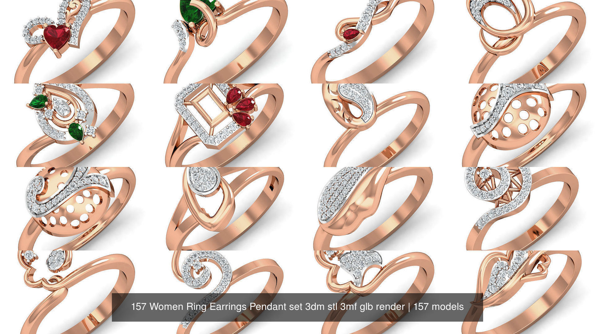 157 Women Ring Earrings Pendant set 3dm stl 3mf glb render 3D Model Collection_8