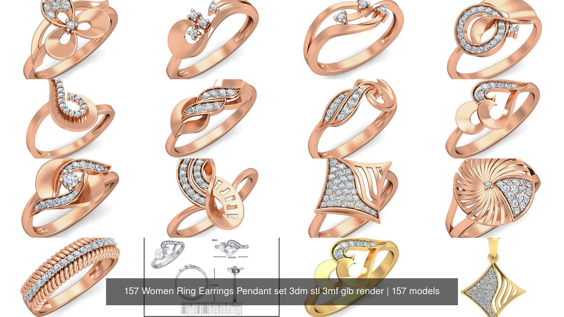 157 Women Ring Earrings Pendant set 3dm stl 3mf glb render 3D Model Collection_18