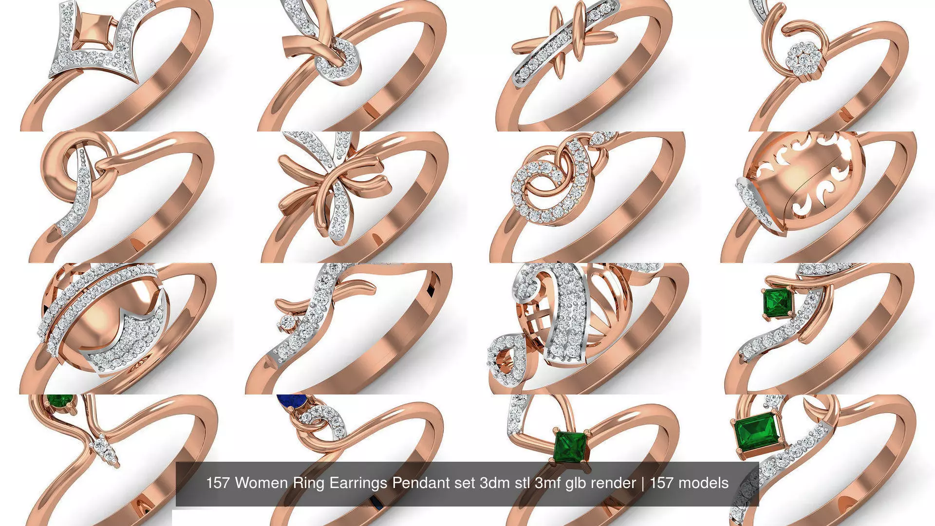 157 Women Ring Earrings Pendant set 3dm stl 3mf glb render 3D Model Collection_0