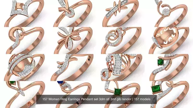 157 Women Ring Earrings Pendant set 3dm stl 3mf glb render 3D Model Collection