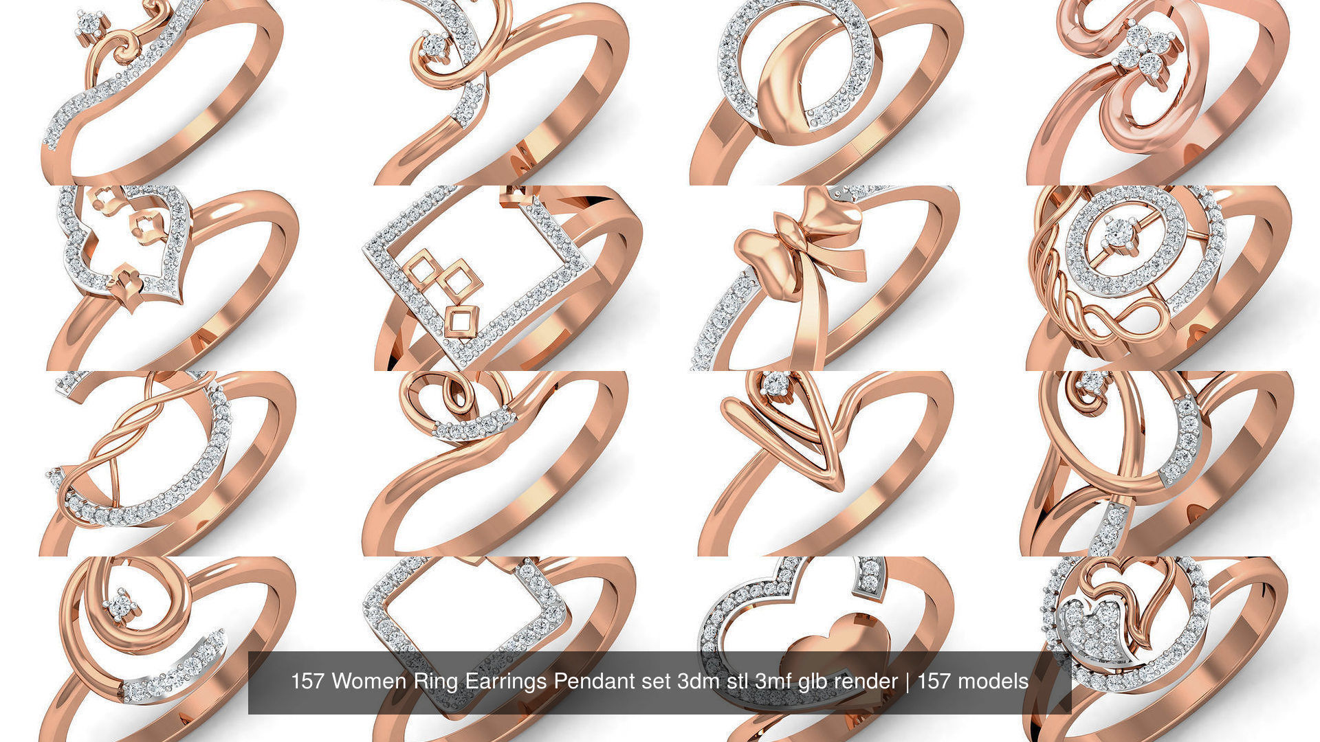 157 Women Ring Earrings Pendant set 3dm stl 3mf glb render 3D Model Collection_12