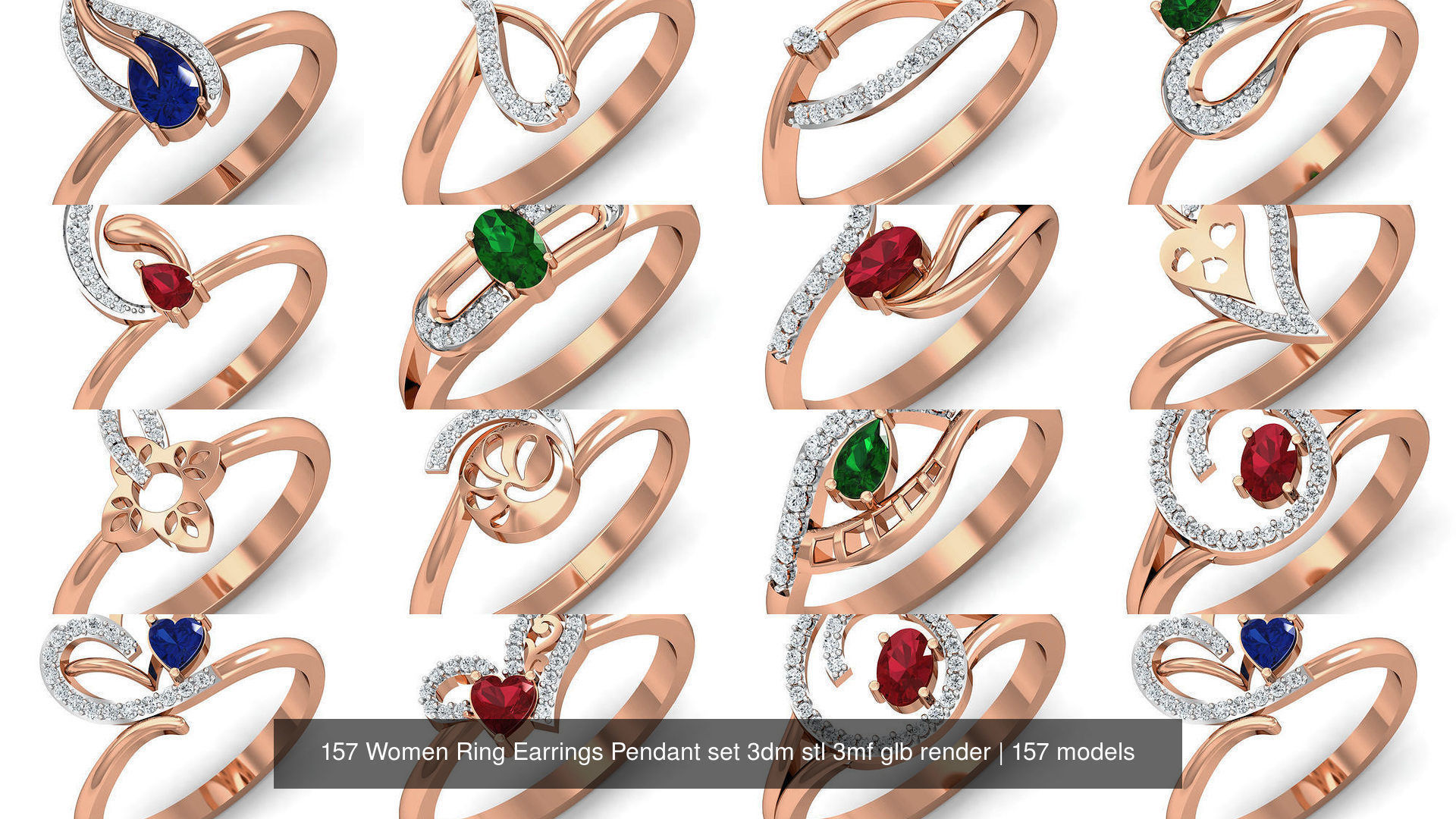 157 Women Ring Earrings Pendant set 3dm stl 3mf glb render 3D Model Collection_6
