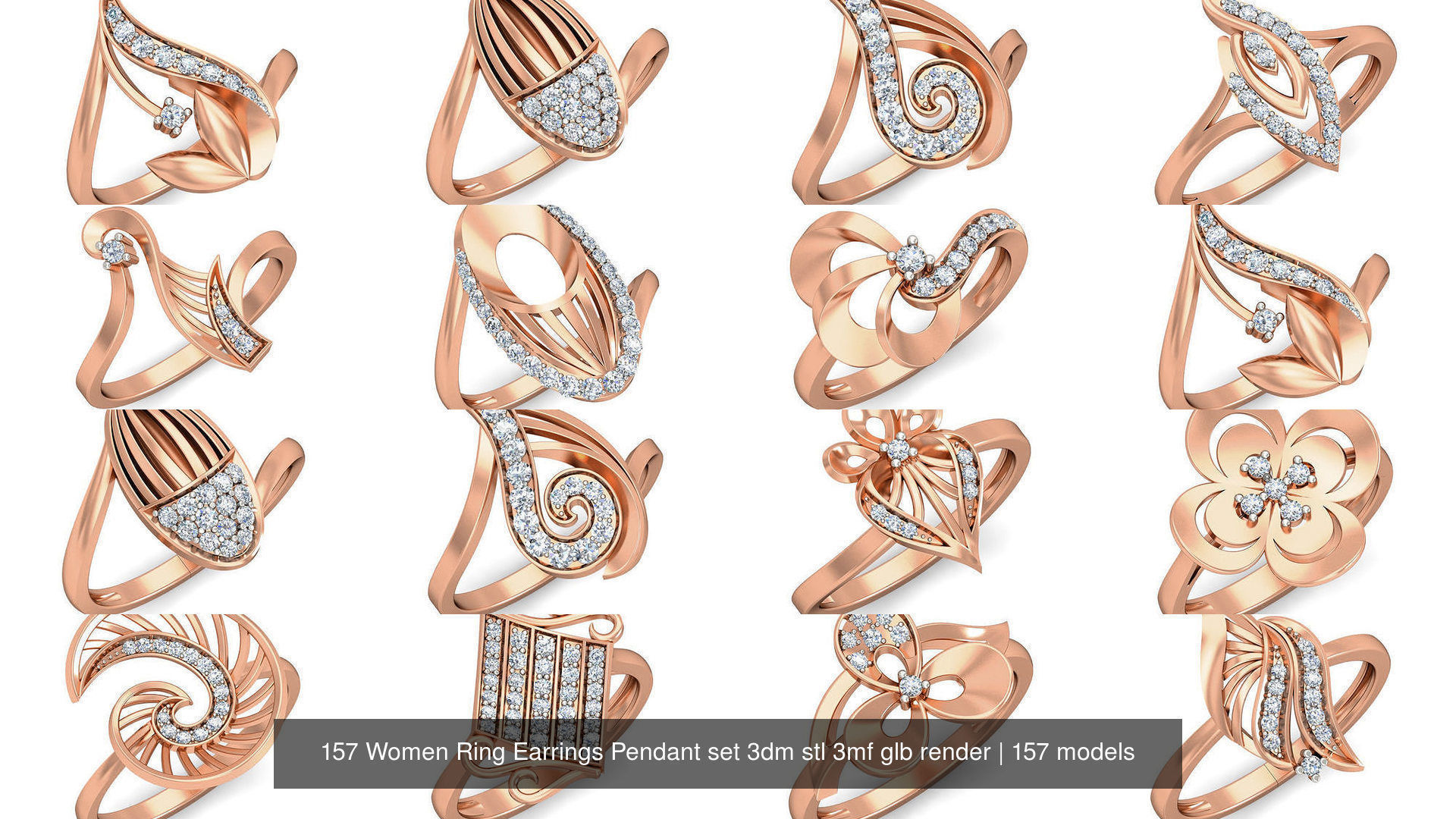 157 Women Ring Earrings Pendant set 3dm stl 3mf glb render 3D Model Collection_16