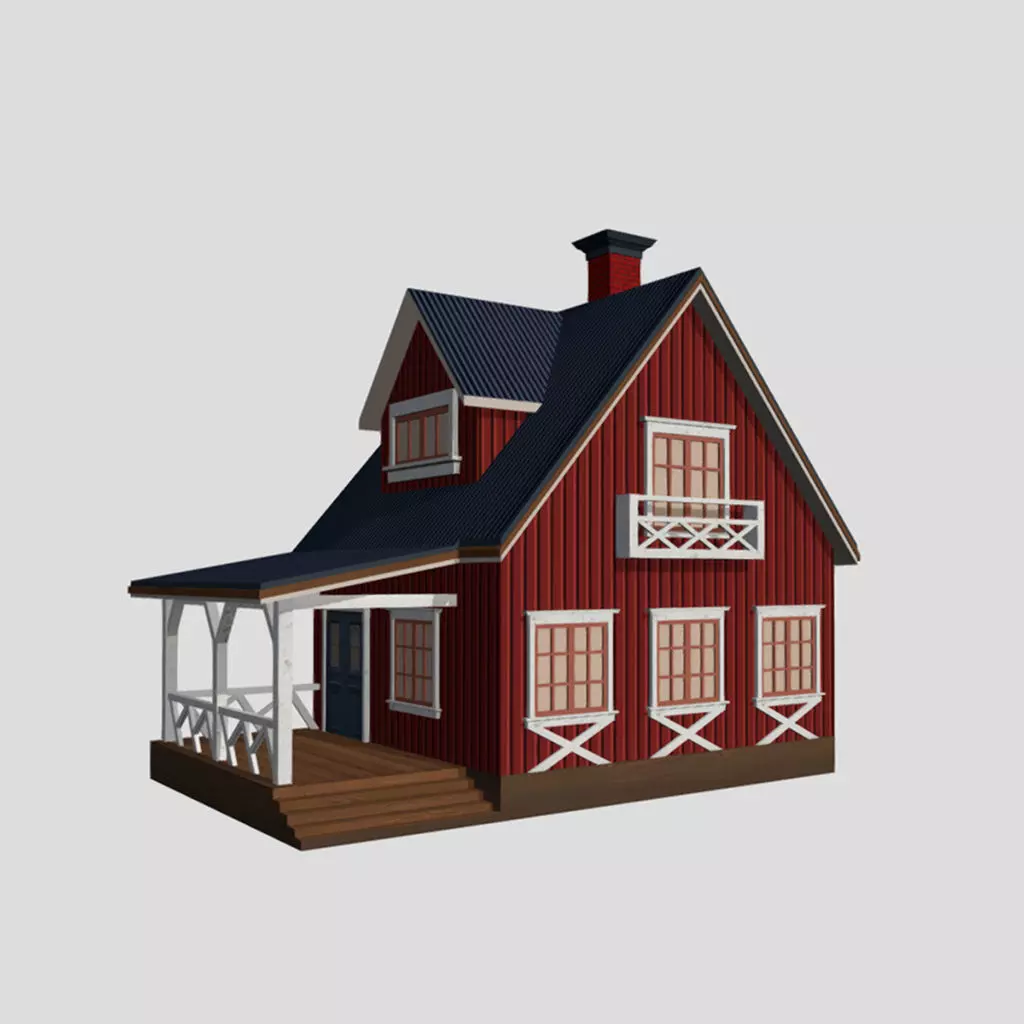 American Style Cottage - Town House Model Low-poly 3D model_0