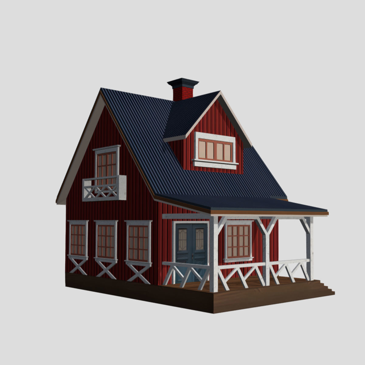 American Style Cottage - Town House Model Low-poly 3D model_1