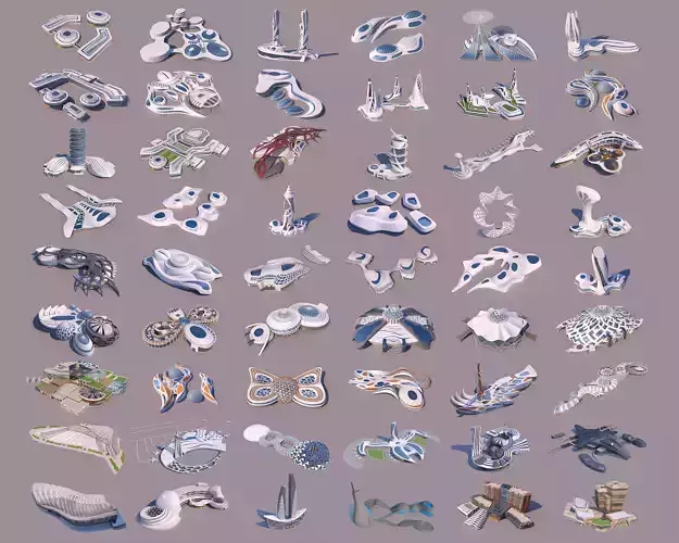 54 Buildings - Futuristic-Modern-Organic-Skyscraper - Big Bundle 3D Model Collection