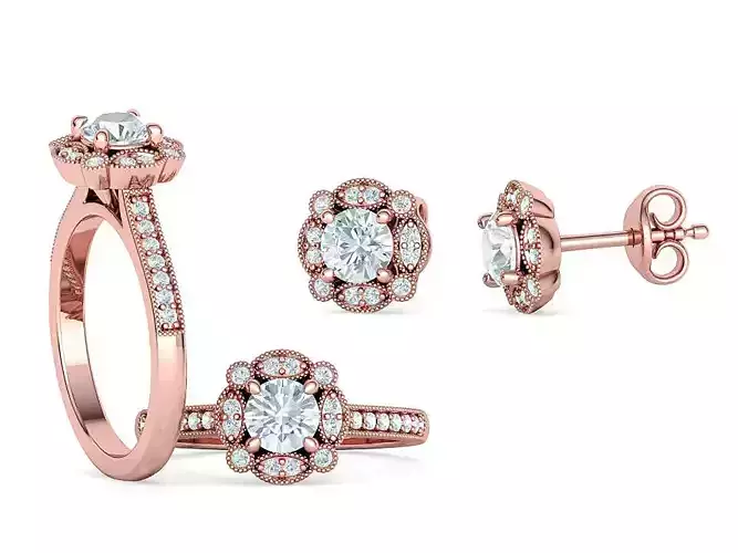 Artdeco Classic Halo Ring and Stud Earrings Collection