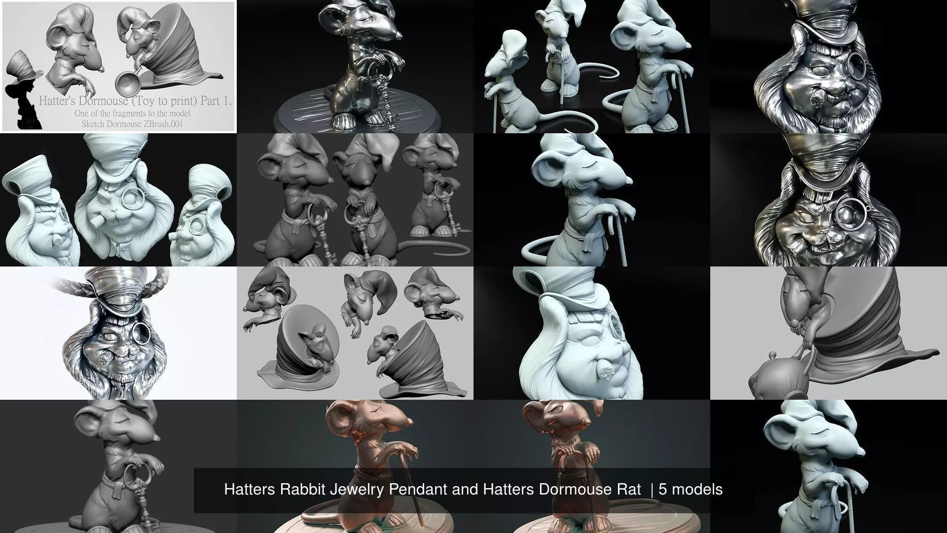 Hatters Rabbit Jewelry Pendant and Hatters Dormouse Rat  3D Model Collection_0