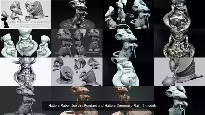 Hatters Rabbit Jewelry Pendant and Hatters Dormouse Rat  3D Model Collection