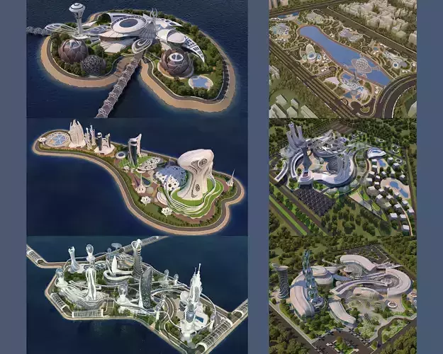 6 Full Scenes - Futuristic City-Island - Bundle 3D Model Collection