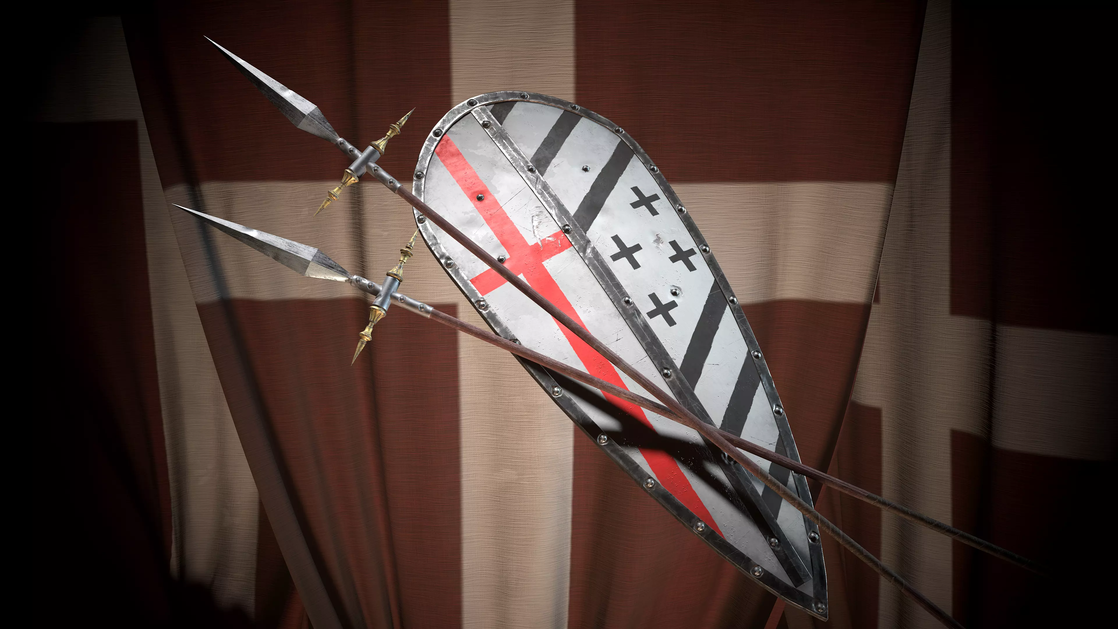 Medieval logn templar battle spear and Knight big shield pack Low-poly 3D model_0