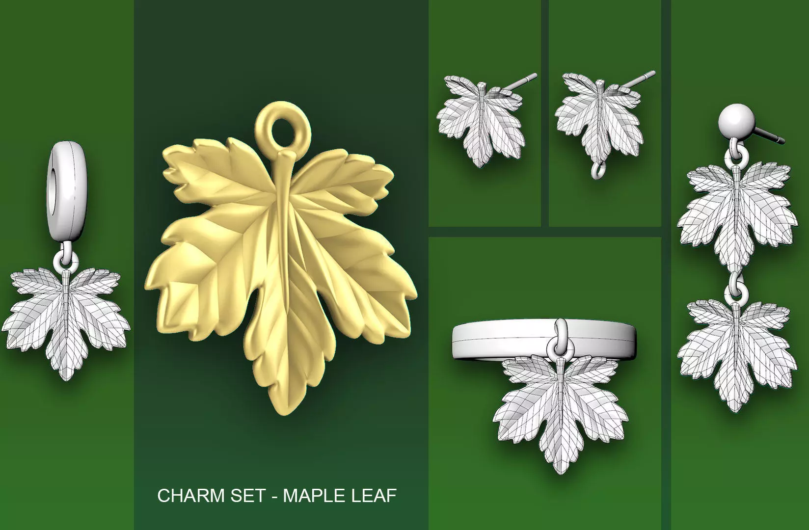 Leaf Charm Set - Maple Leaf Charm -Ring - Earrings - Bracelet 3D print model_0