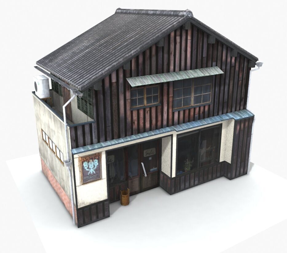 Old Japanese Store Building Low-poly 3D model_1