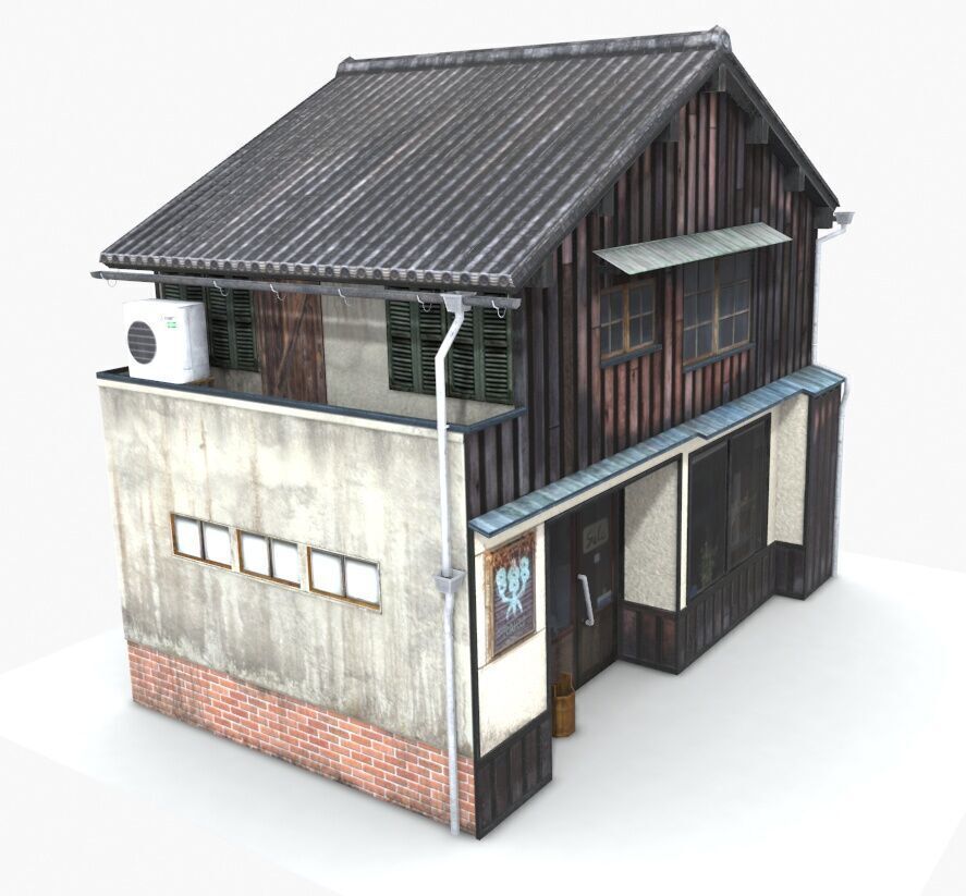 Old Japanese Store Building Low-poly 3D model_2