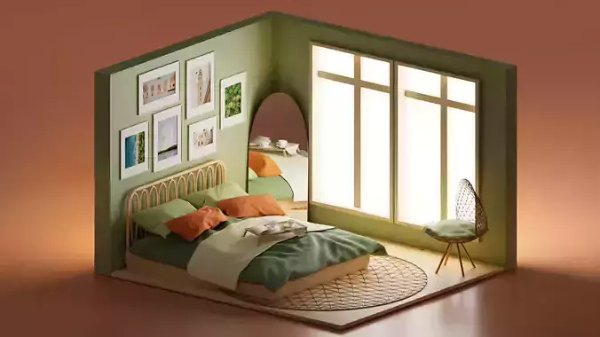 Stylish Isometric Bedroom in Blender with furniture