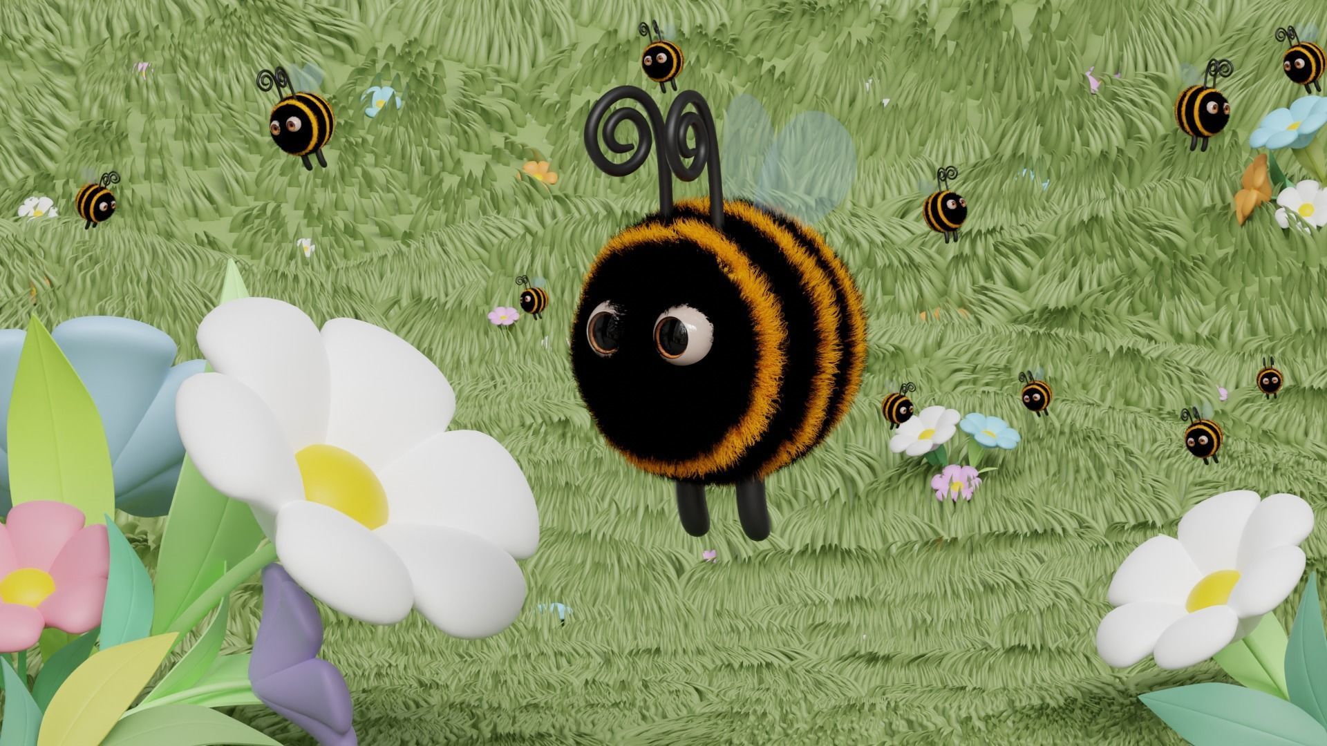 Cute 3d Bee cartoon character with fur for games and etc Low-poly 3D model_2