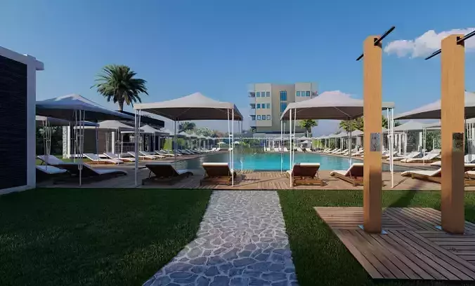 Hotel Pool Area with bar seating sunshade sunbed and lounge