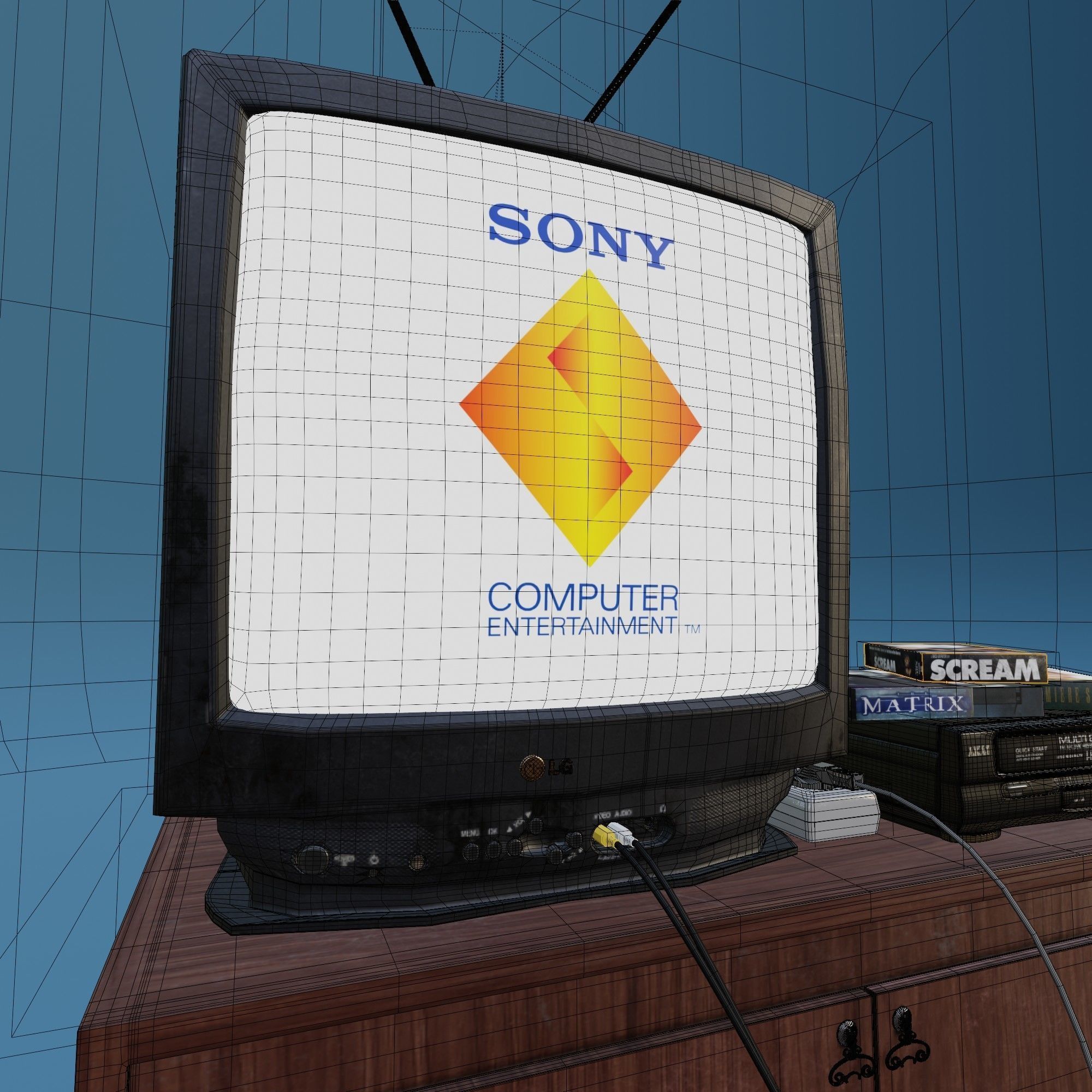 Sony PlayStation one in retro setting with a TV and VHS playe 3D model_6