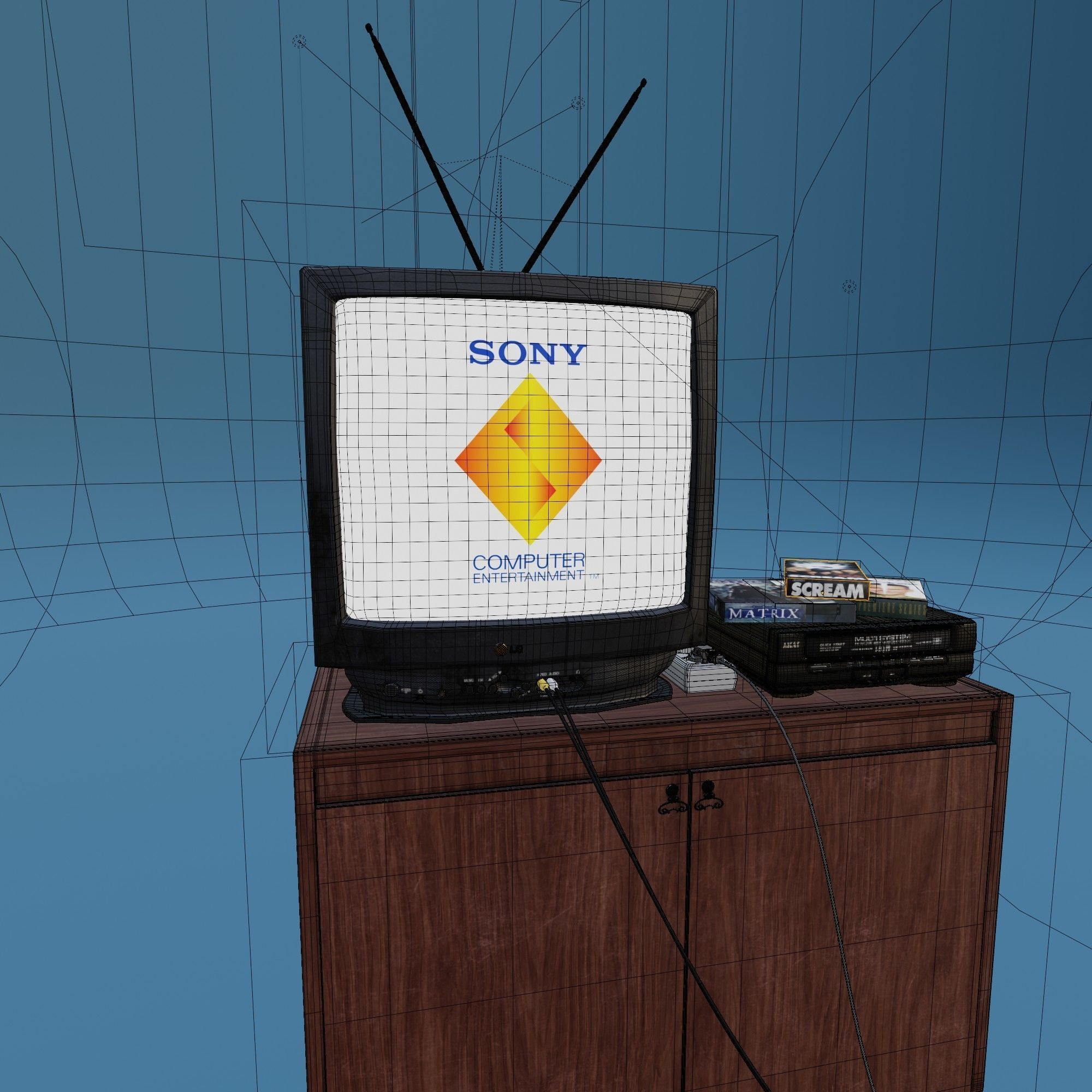 Sony PlayStation one in retro setting with a TV and VHS playe 3D model_4