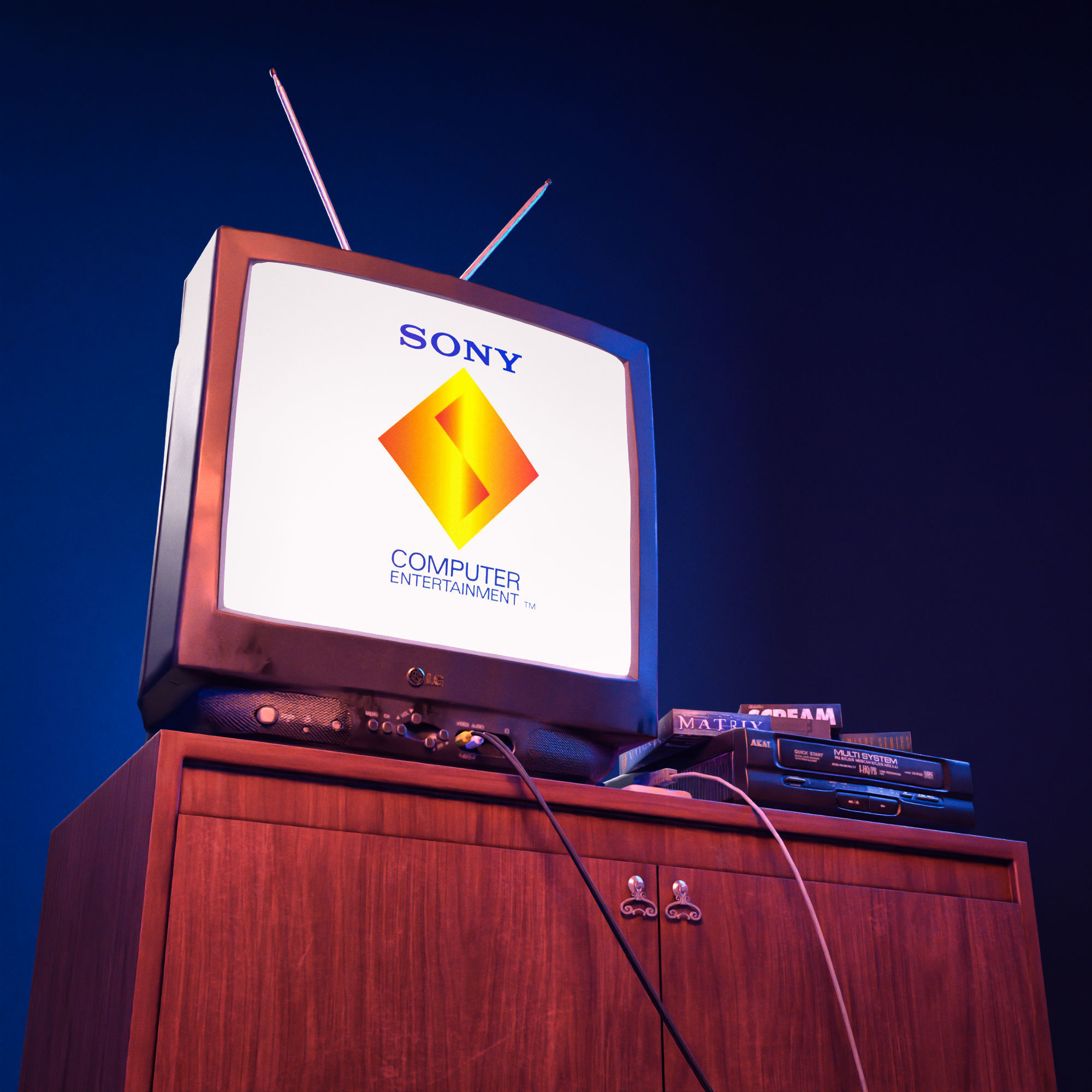 Sony PlayStation one in retro setting with a TV and VHS playe 3D model_10