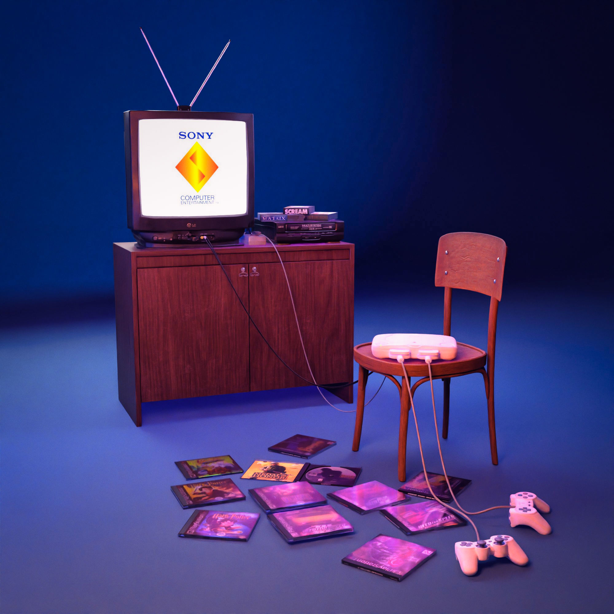 Sony PlayStation one in retro setting with a TV and VHS playe 3D model_11